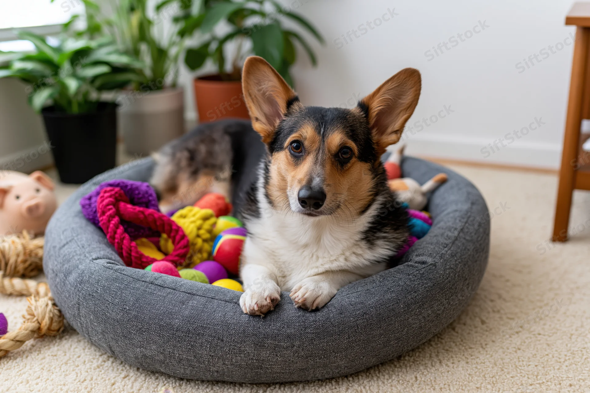 Tricolor pembroke welsh corgi lying alert in a round grey dog bed surrounded by colorful toys on a carpeted floor near potted plants
