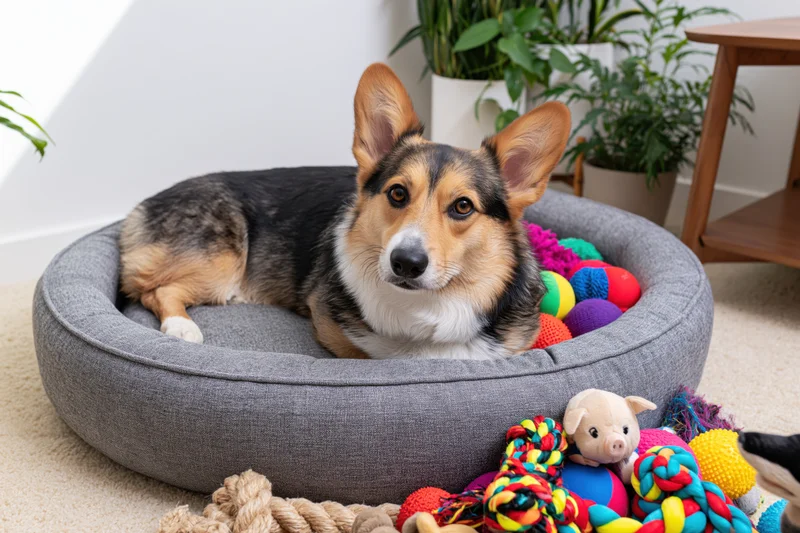 Tricolor pembroke welsh corgi lying alert in a round grey dog bed surrounded by toys in a living room