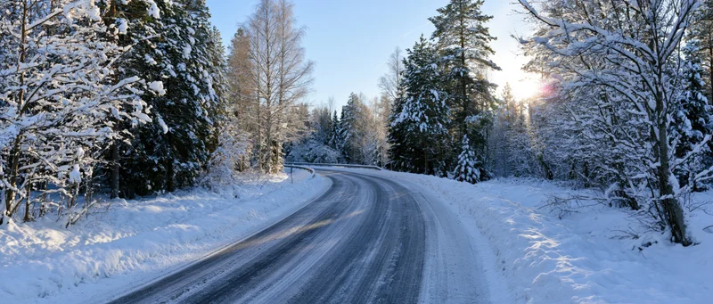 Curved asphalt road winding through snow-covered forest in winter morning light