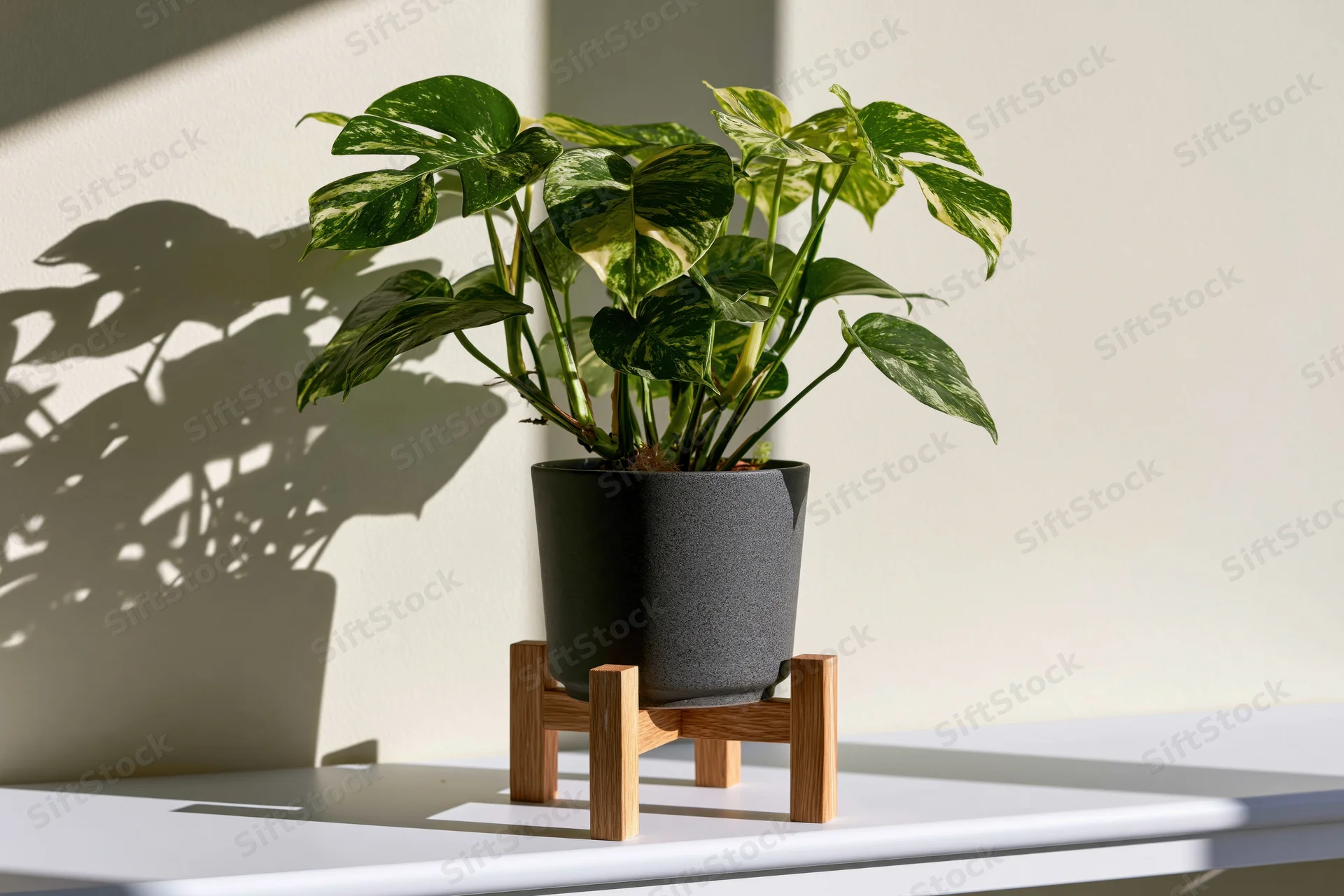 Variegated monstera plant in dark grey pot on wooden stand on white table with sunlight and shadow