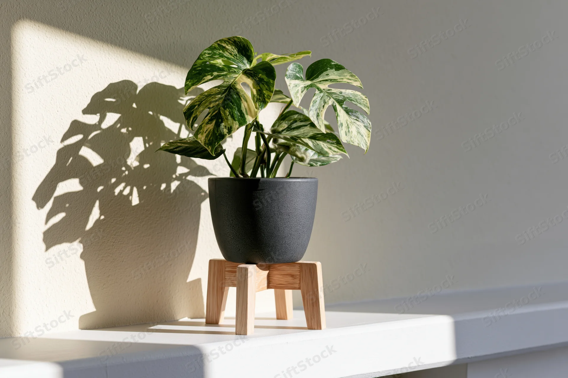 Variegated monstera plant in dark grey ceramic pot on wooden stand on white shelf with sunlight and shadow on wall