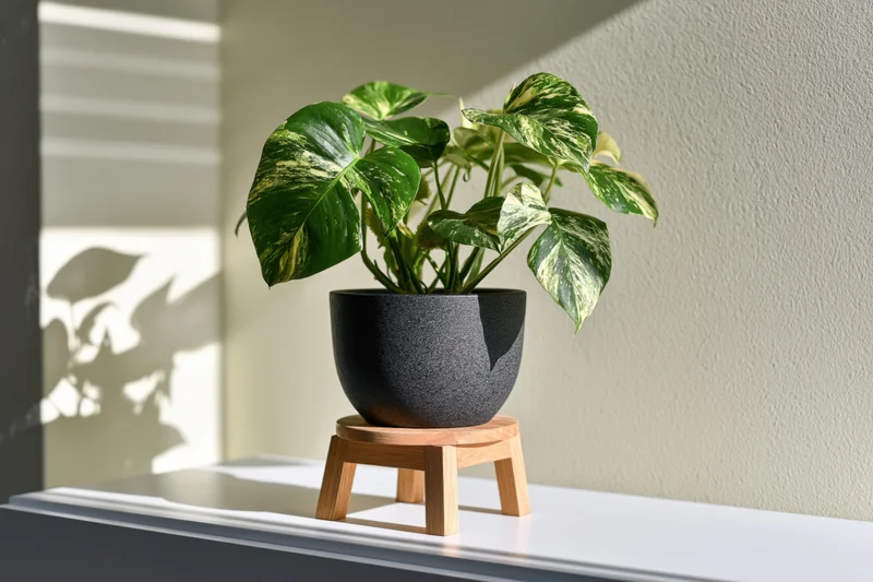 Variegated monstera plant in dark grey ceramic pot on wooden stand on white shelf with sunlight and shadows