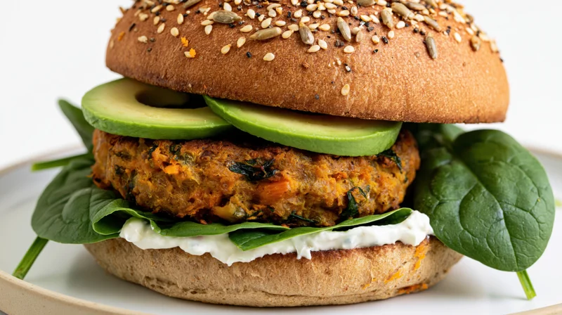 Veggie burger with avocado and spinach on a seeded bun served on a white plate