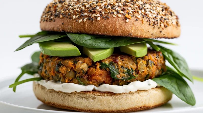 Veggie burger with avocado and spinach on a seeded brioche bun served on a white plate