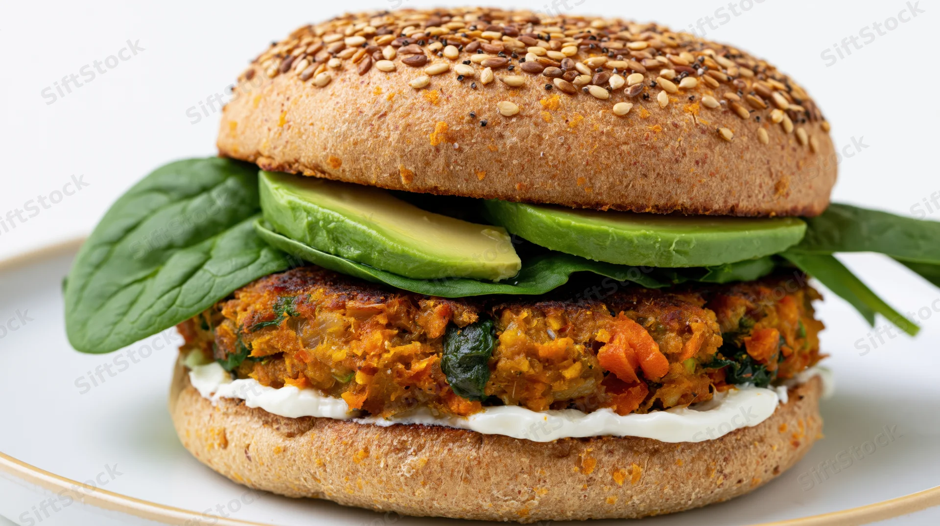 Vegetarian burger with avocado and spinach on a seeded bun served on a white plate