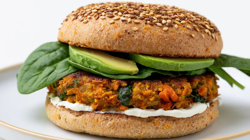Vegetarian burger with avocado and spinach on a seeded bun served on a white plate