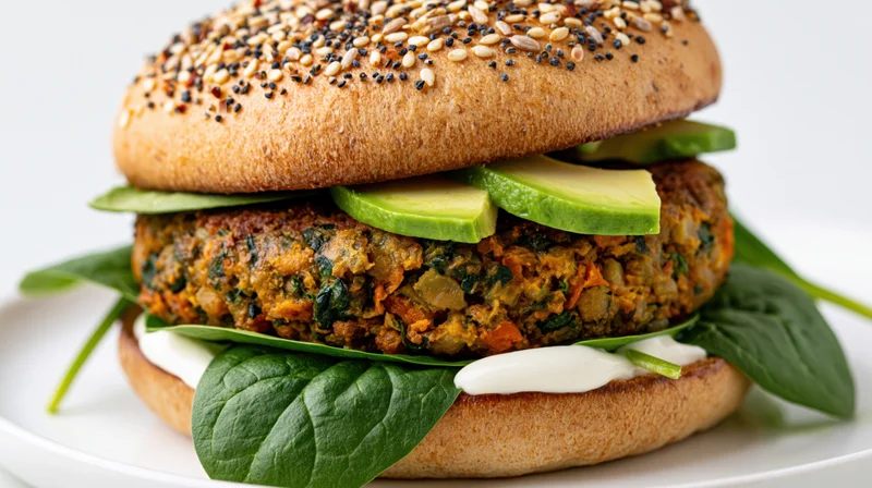 Veggie burger with avocado and spinach on a seeded brioche bun on a white plate