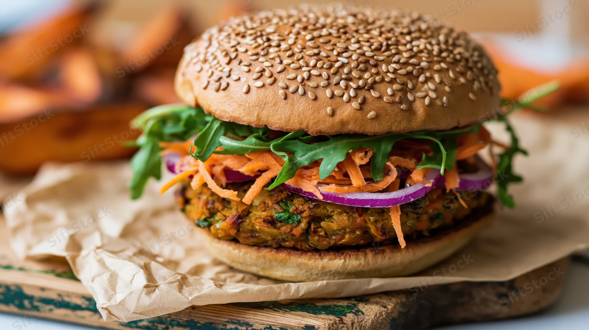 Veggie burger with sesame bun and layered vegetables on parchment paper on wooden tray