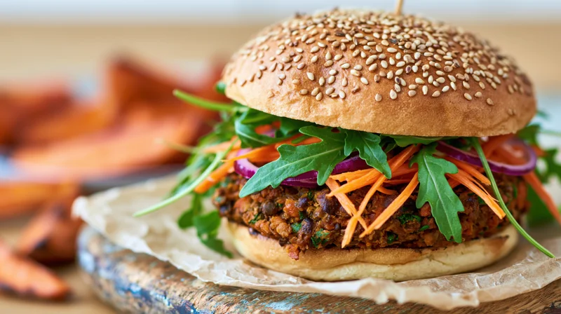 Veggie burger with sesame bun and fresh toppings on parchment paper over wooden board