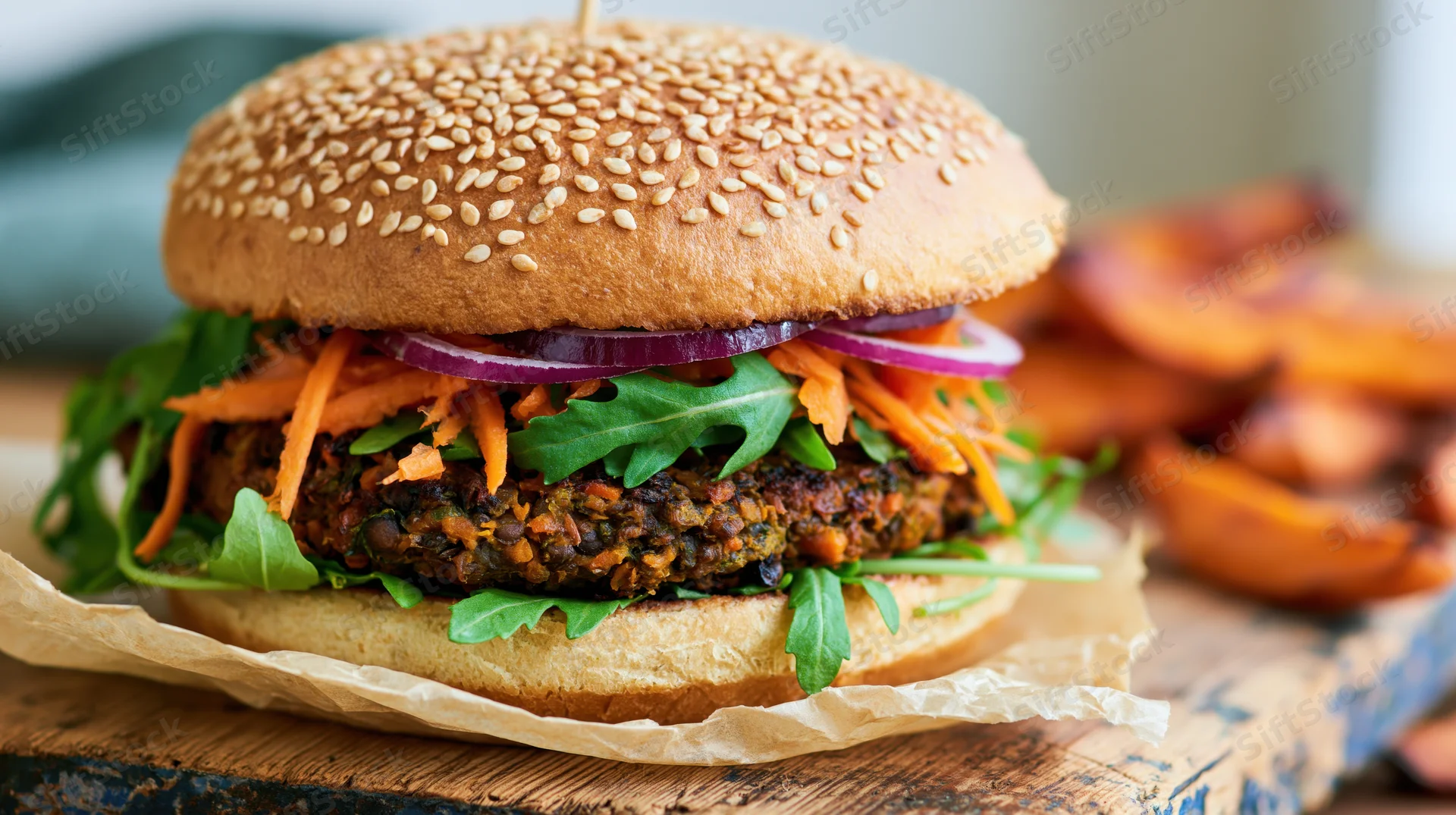 Veggie burger with lentil patty and fresh vegetables on sesame bun served with sweet potato fries on wooden board
