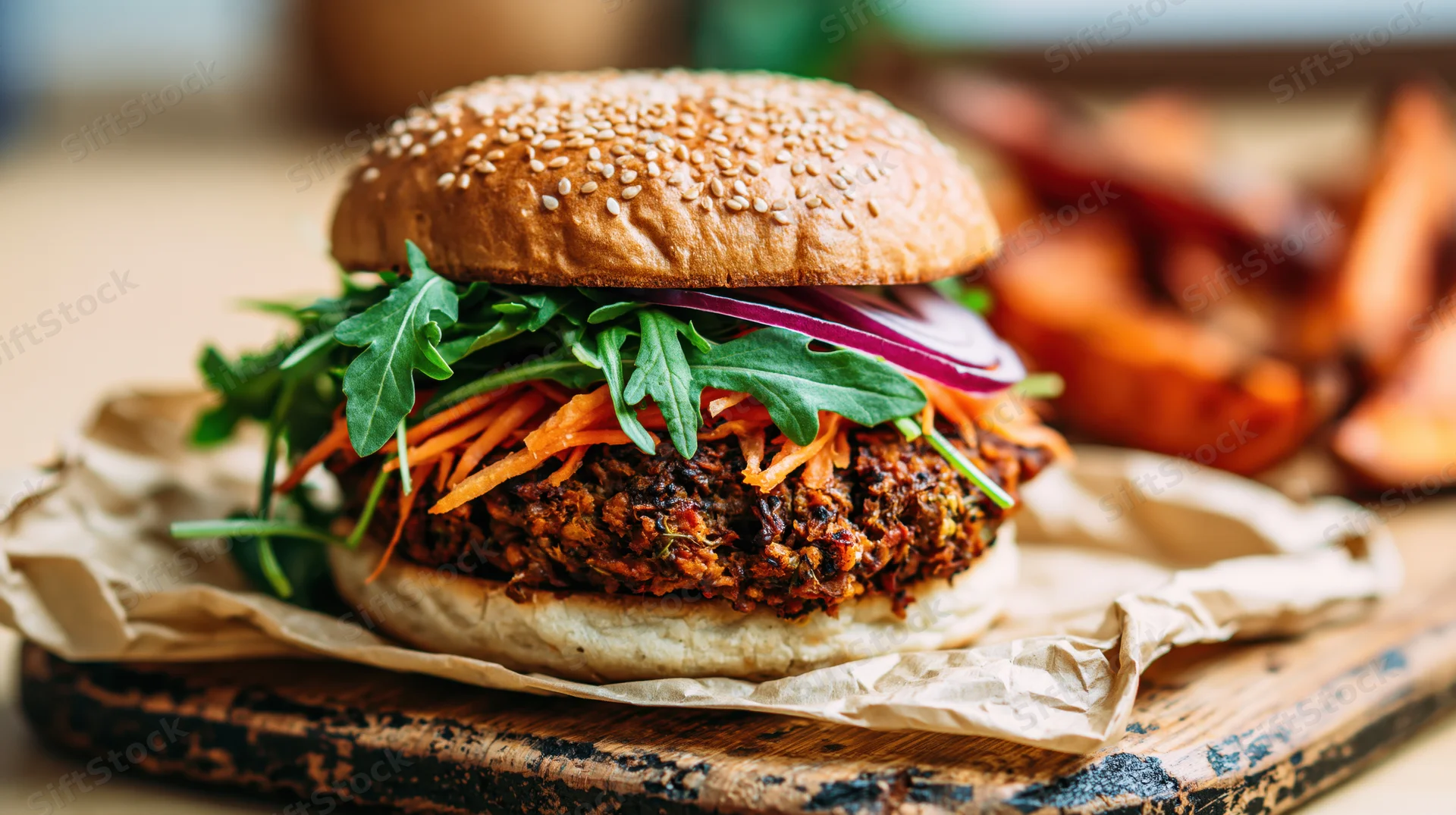 Veggie burger with sesame bun, arugula, carrots and red onion on parchment paper on wooden cutting board