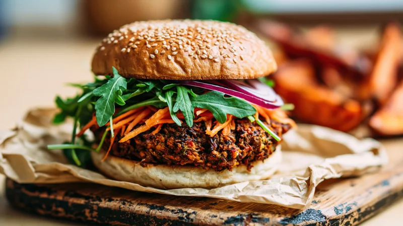 Veggie burger with sesame bun, arugula, carrots and red onion on parchment paper on wooden cutting board