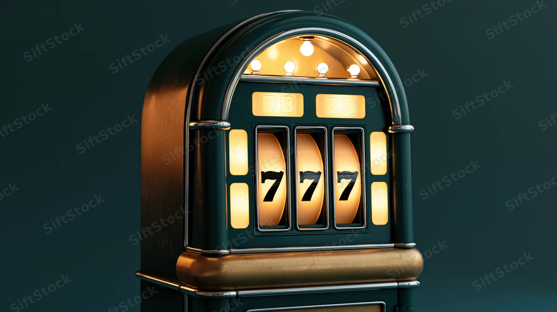 Vintage slot machine showing triple sevens on its reels against a dark teal background