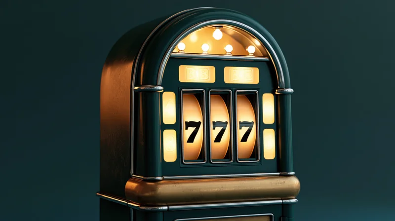 Vintage slot machine showing triple sevens on its reels against a dark teal background
