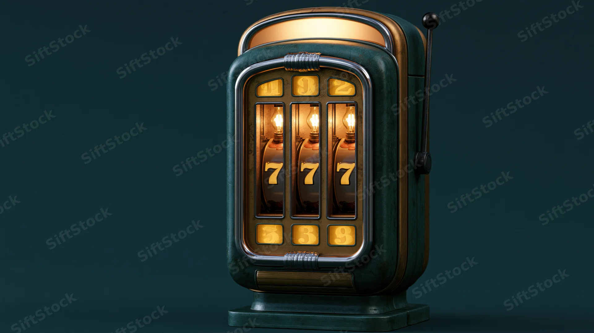 Vintage slot machine showing triple sevens on reels against dark background