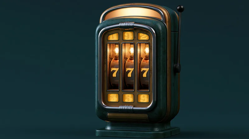 Vintage slot machine showing triple sevens on reels against dark background