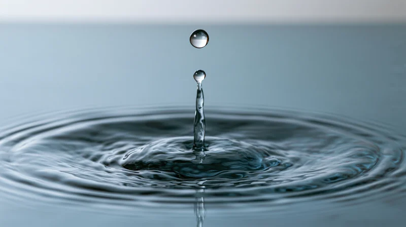 Water droplet mid-bounce above still surface creating ripples and reflection