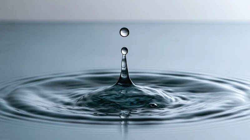 Water droplet mid-bounce above still surface creating ripples and crown splash