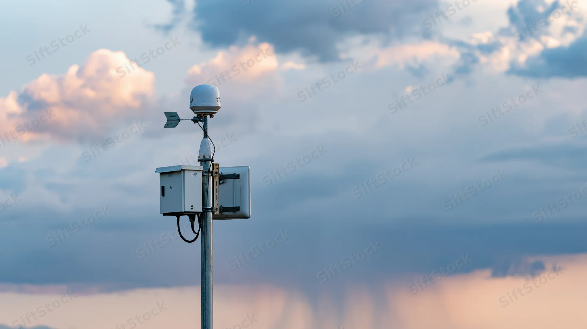 Weather monitoring station on metal pole against cloudy sky at dusk