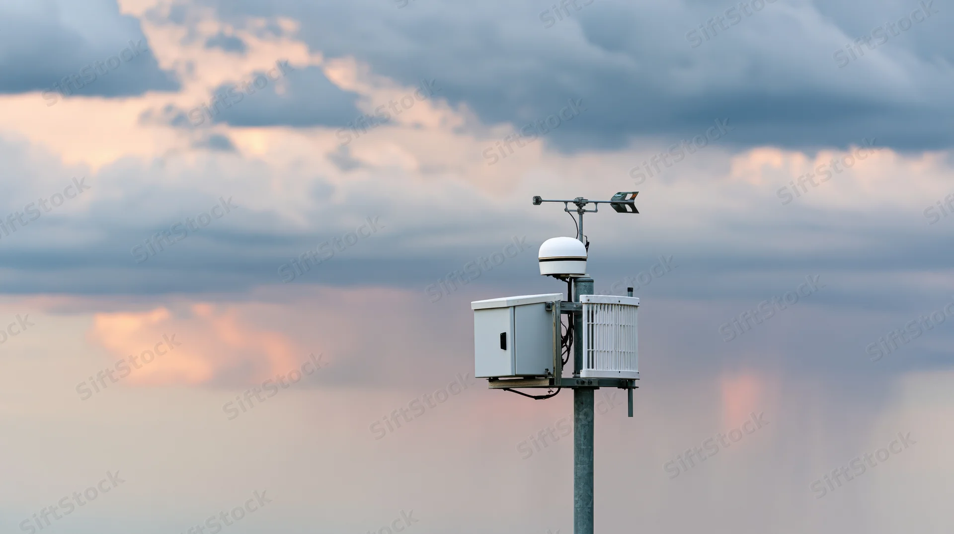 Weather monitoring station on metal pole against cloudy sky at dusk