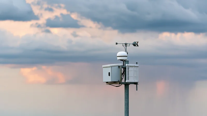 Weather monitoring station on metal pole against cloudy sky at dusk
