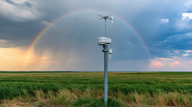 Weather station with anemometer and sensors on a grassy field under a rainbow sky