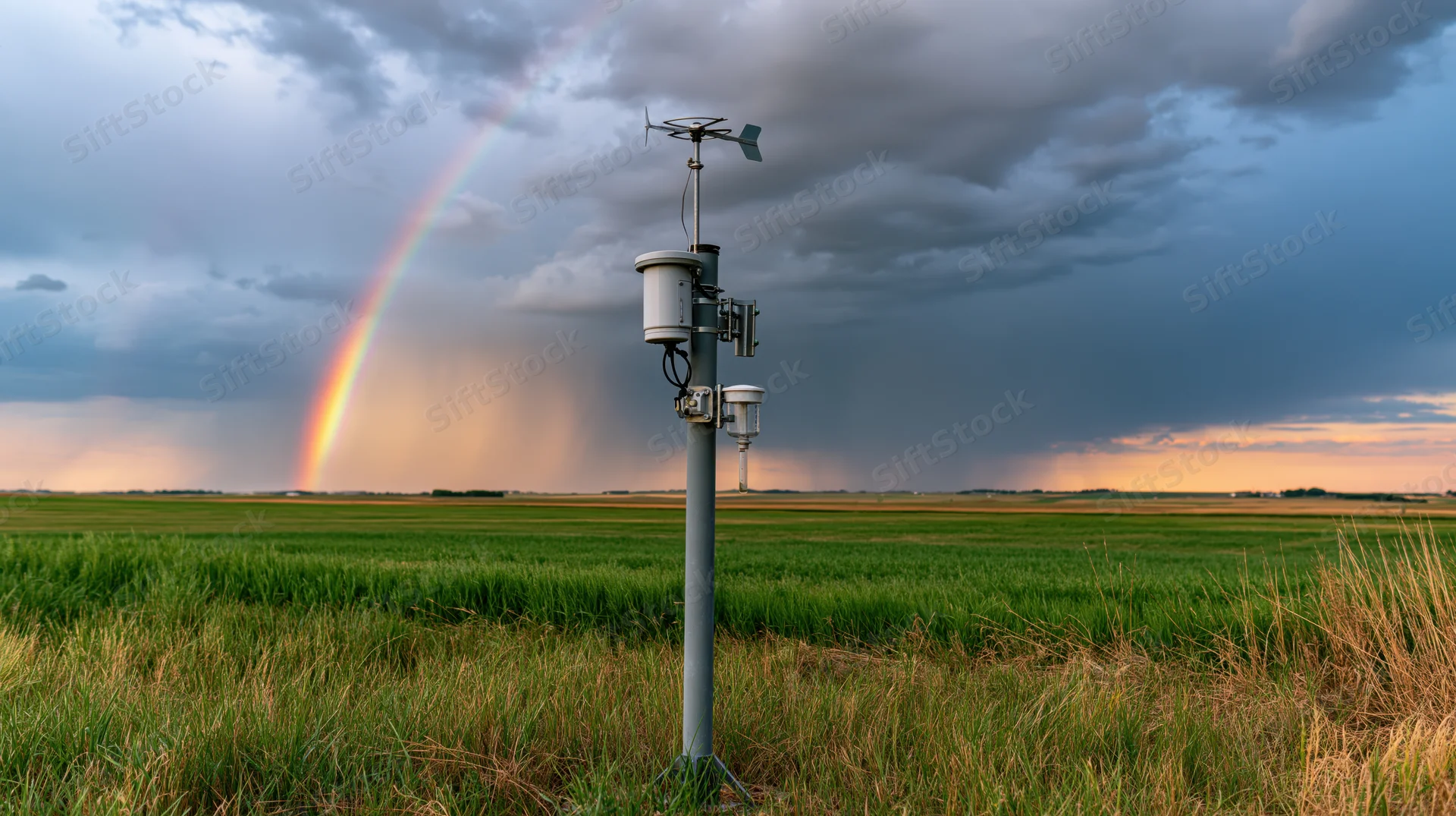 Weather station pole with anemometer and sensors in a grassy field under stormy sky with rainbow