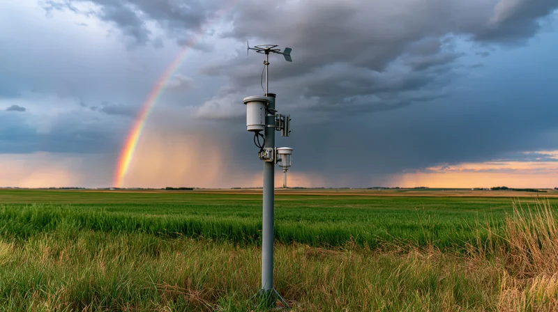 Weather station pole with anemometer and sensors in a grassy field under stormy sky with rainbow