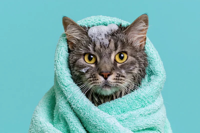 Wet grey tabby cat wrapped in mint green towel with soap foam on head, studio portrait