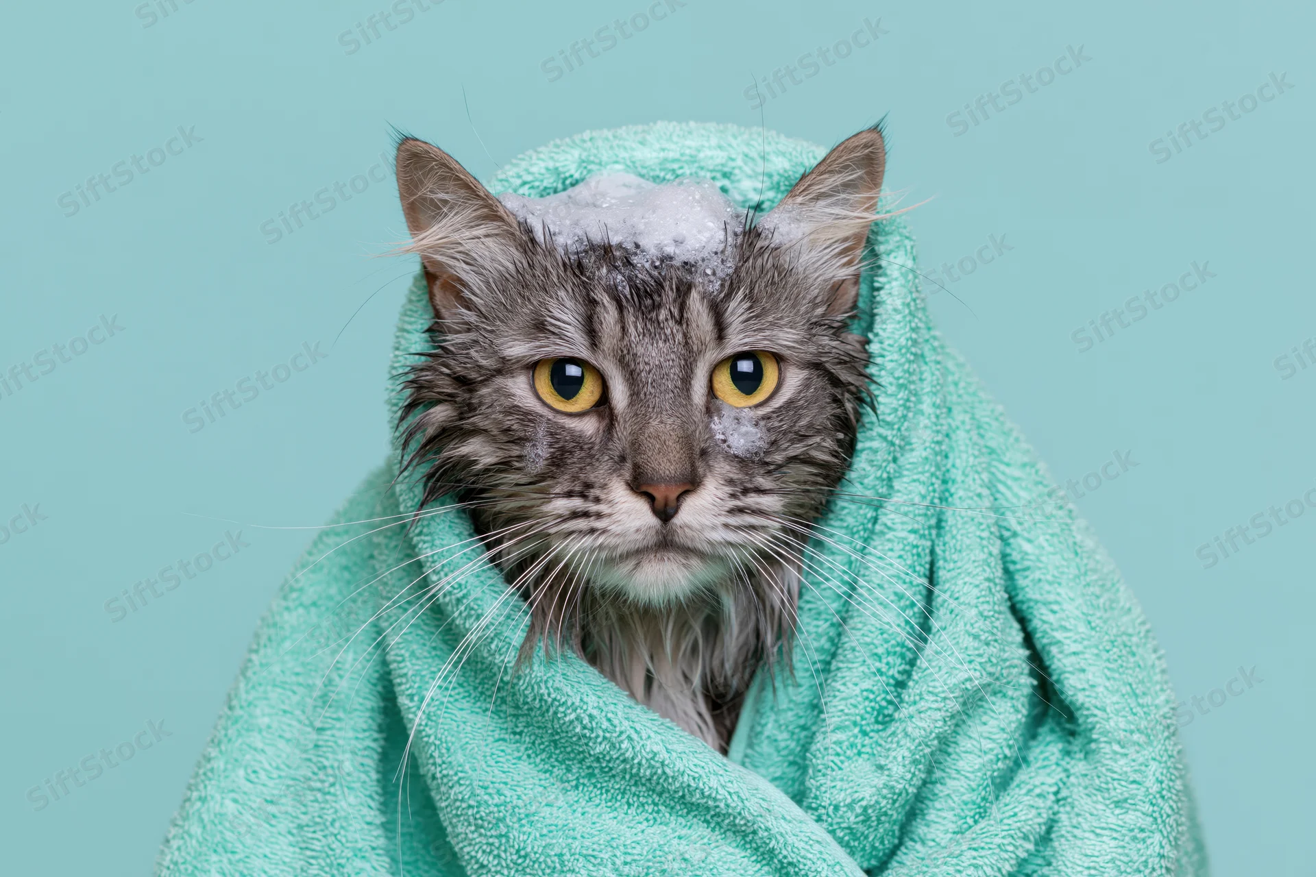 Wet grey tabby cat wrapped in mint green towel against plain background