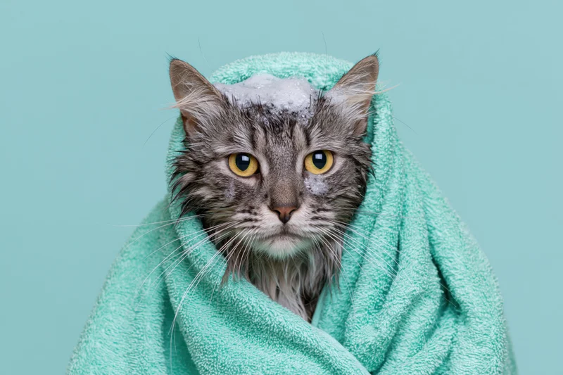 Wet grey tabby cat wrapped in mint green towel against plain background