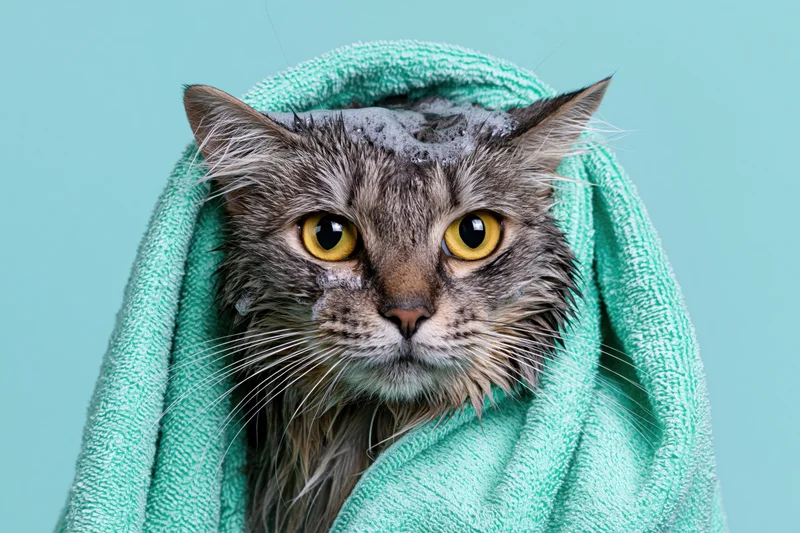 Wet grey tabby cat wrapped in mint green towel against blue background