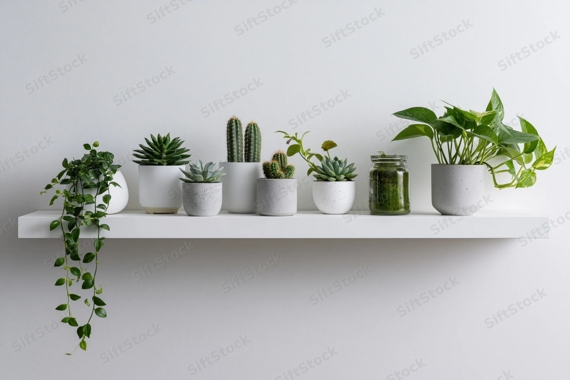 White floating shelf holding various potted succulents and trailing plants against a plain wall