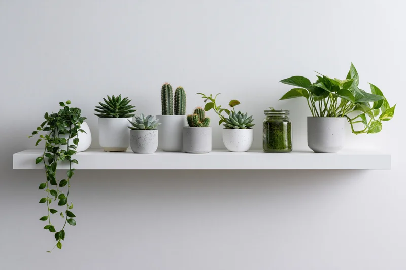 White floating shelf holding various potted succulents and trailing plants against a plain wall