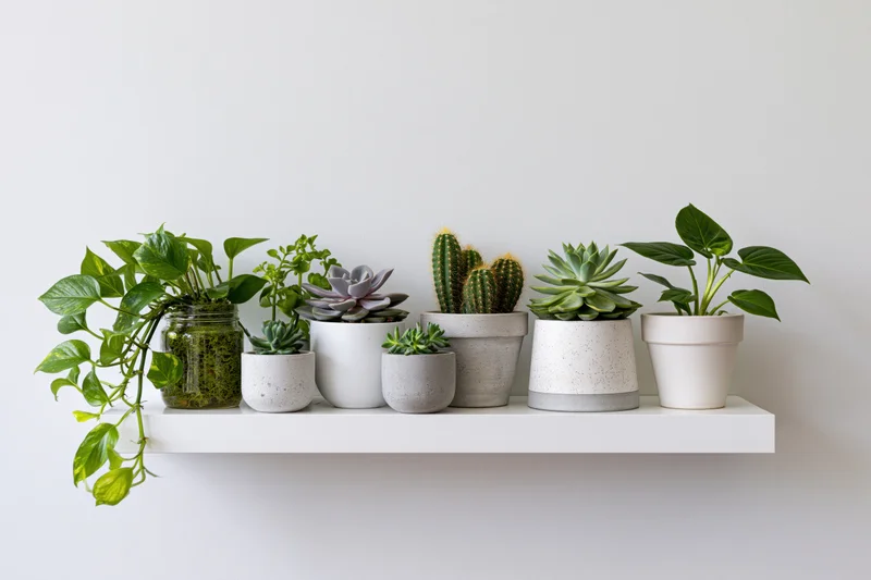 White floating shelf holding a row of potted succulents and leafy plants against a plain wall
