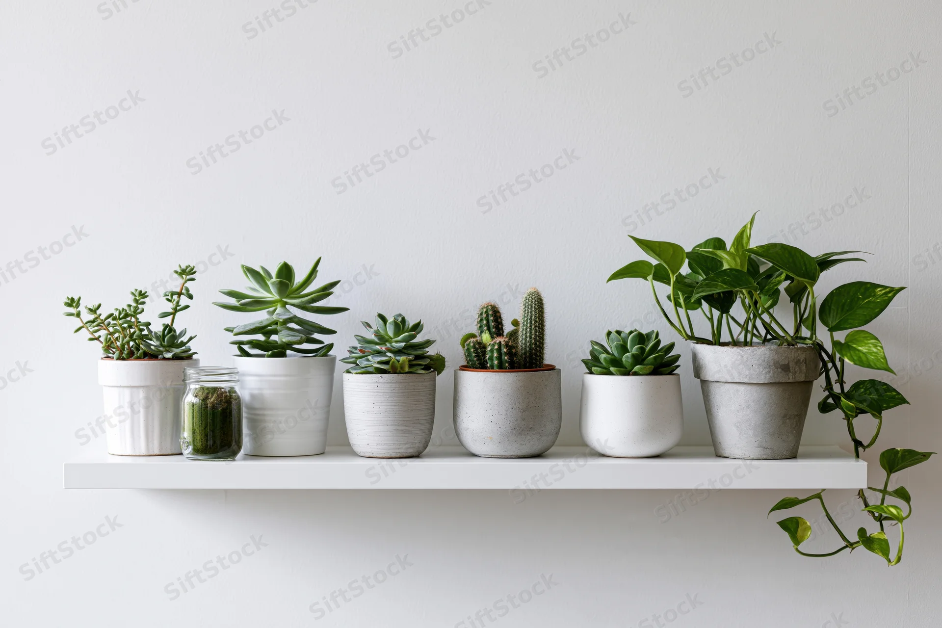 White floating shelf holding a row of potted succulents and pothos plants against a plain wall