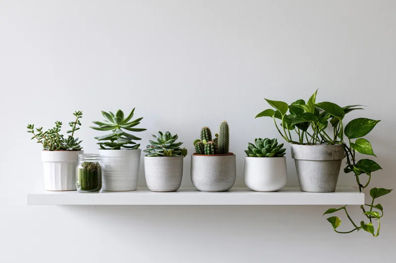 White floating shelf holding a row of potted succulents and pothos plants against a plain wall