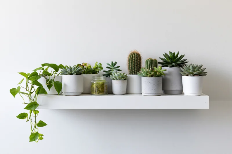 White floating shelf holding succulents and pothos in ceramic pots against a plain wall