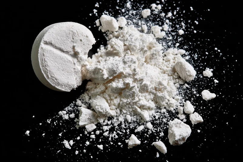 Crushed white pharmaceutical tablet with scattered powder on black surface
