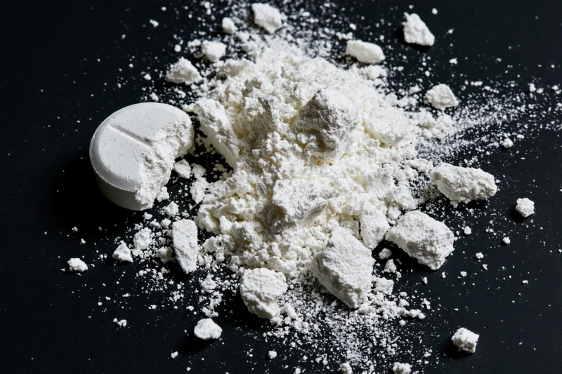 Crushed white pharmaceutical tablet and powder scattered on black surface