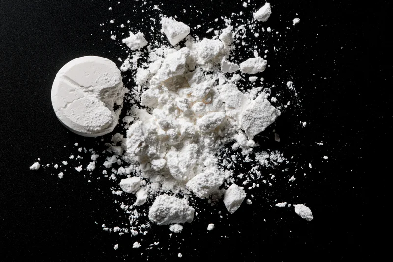 Crushed white pharmaceutical tablet and scattered powder on black background