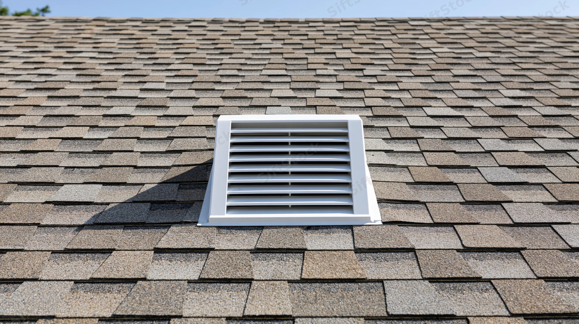 White louvered roof vent mounted on asphalt shingle roof under clear sky