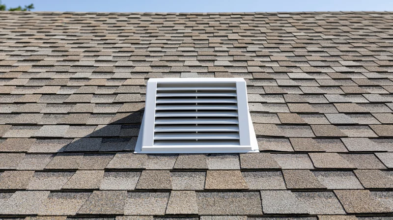 White louvered roof vent mounted on asphalt shingle roof under clear sky