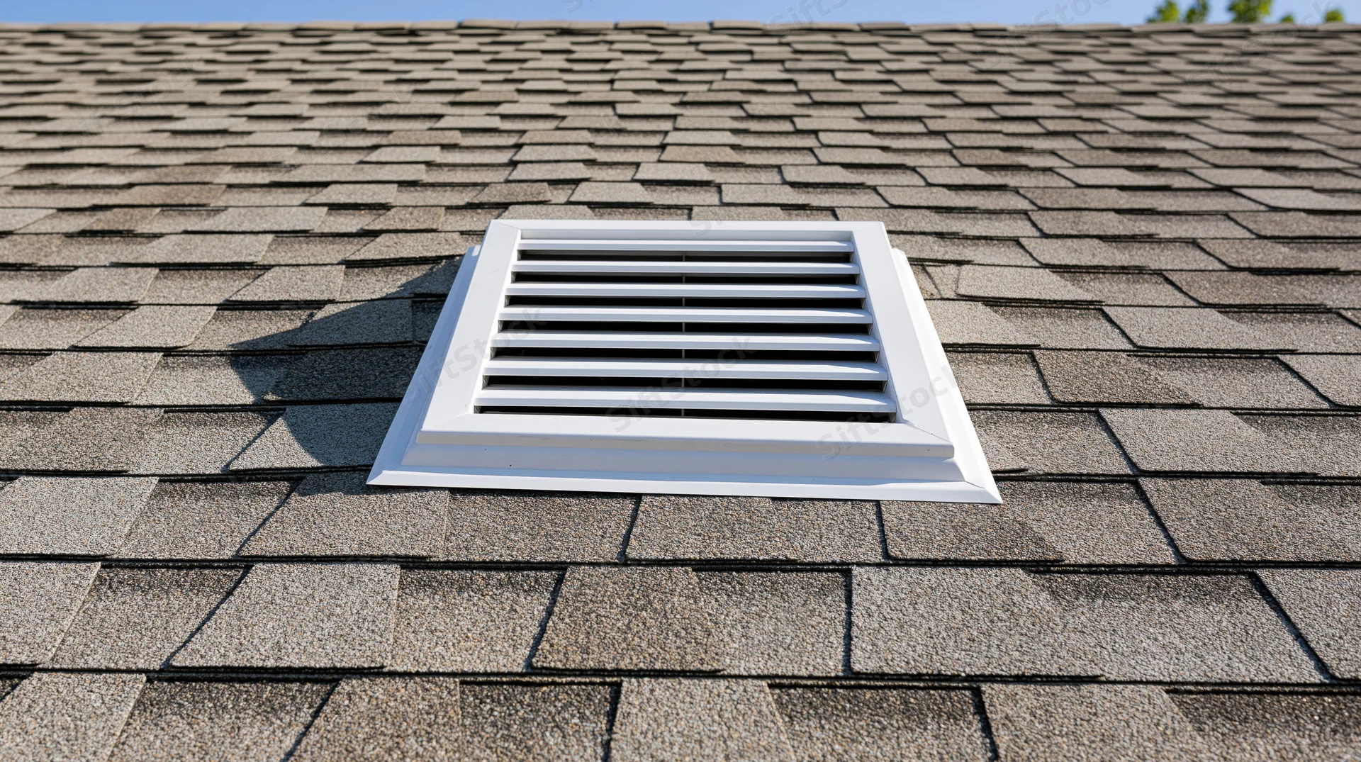 White louvered roof vent mounted on asphalt shingle roof under sunlight