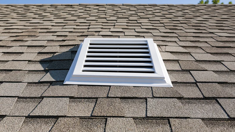 White louvered roof vent mounted on asphalt shingle roof under sunlight