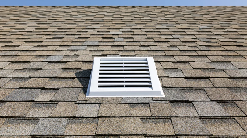 White louvered vent mounted on asphalt shingle roof under clear sky