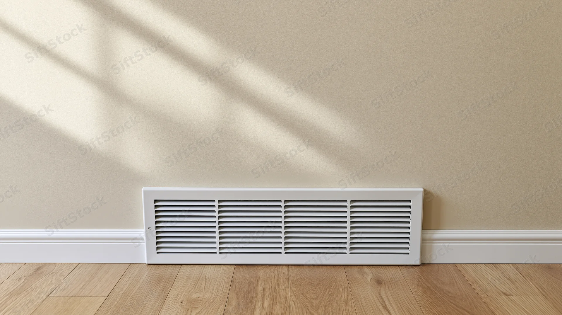 White hvac floor vent with horizontal louvers against beige wall on wooden flooring