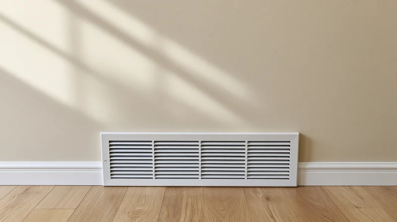 White hvac floor vent with horizontal louvers against beige wall on wooden flooring