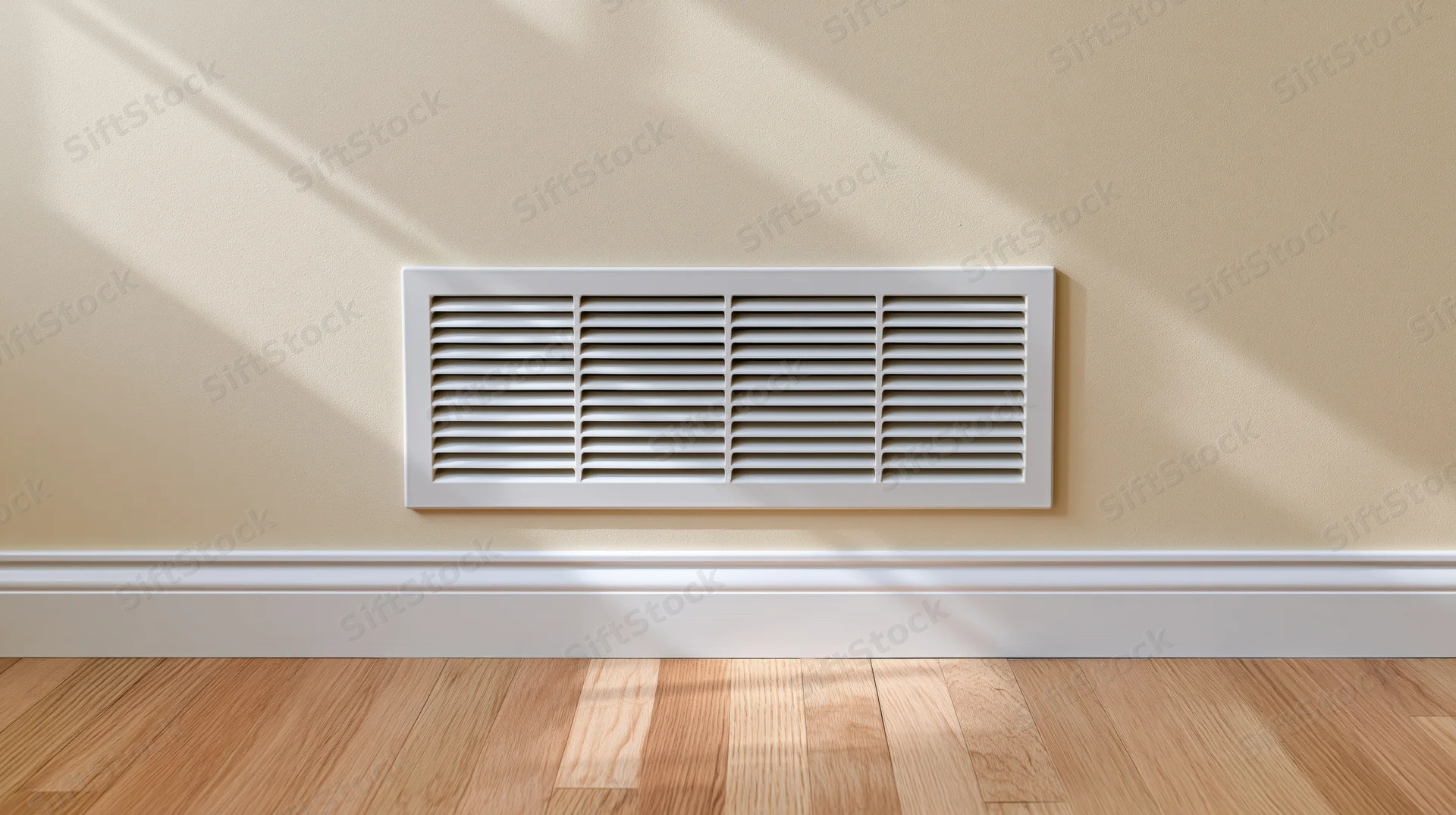 White rectangular hvac vent with horizontal louvers mounted on beige wall above wooden floor
