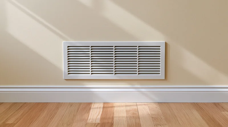 White rectangular hvac vent with horizontal louvers mounted on beige wall above wooden floor